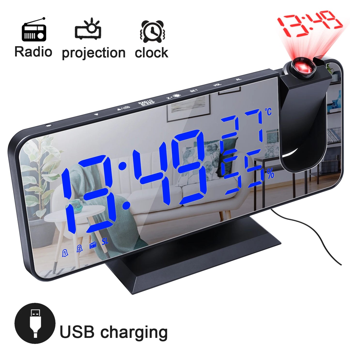 LED Screen Digital USB Wake Up FM Radio Time Projector Table Clock with Temperature Humidity Date Week Display Clock Home Decor