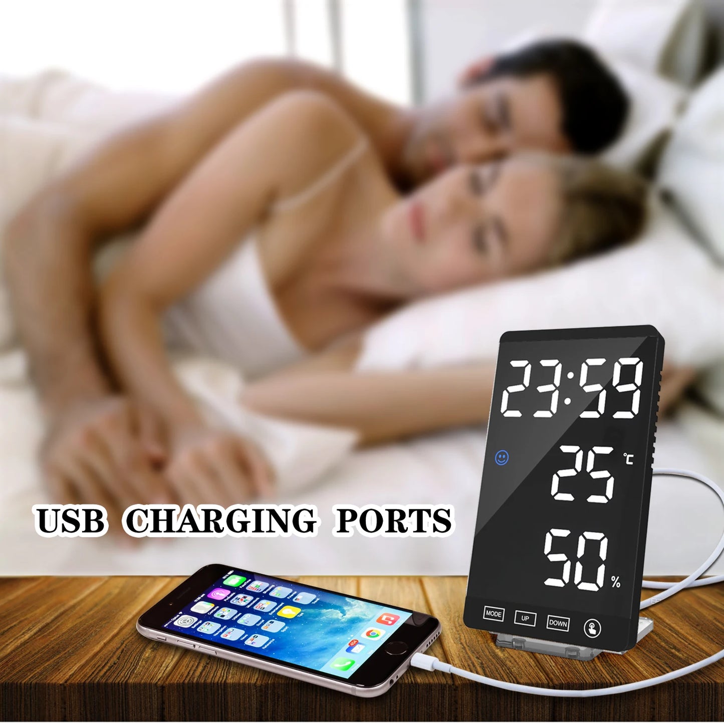 LED Screen Digital USB Wake Up FM Radio Time Projector Table Clock with Temperature Humidity Date Week Display Clock Home Decor