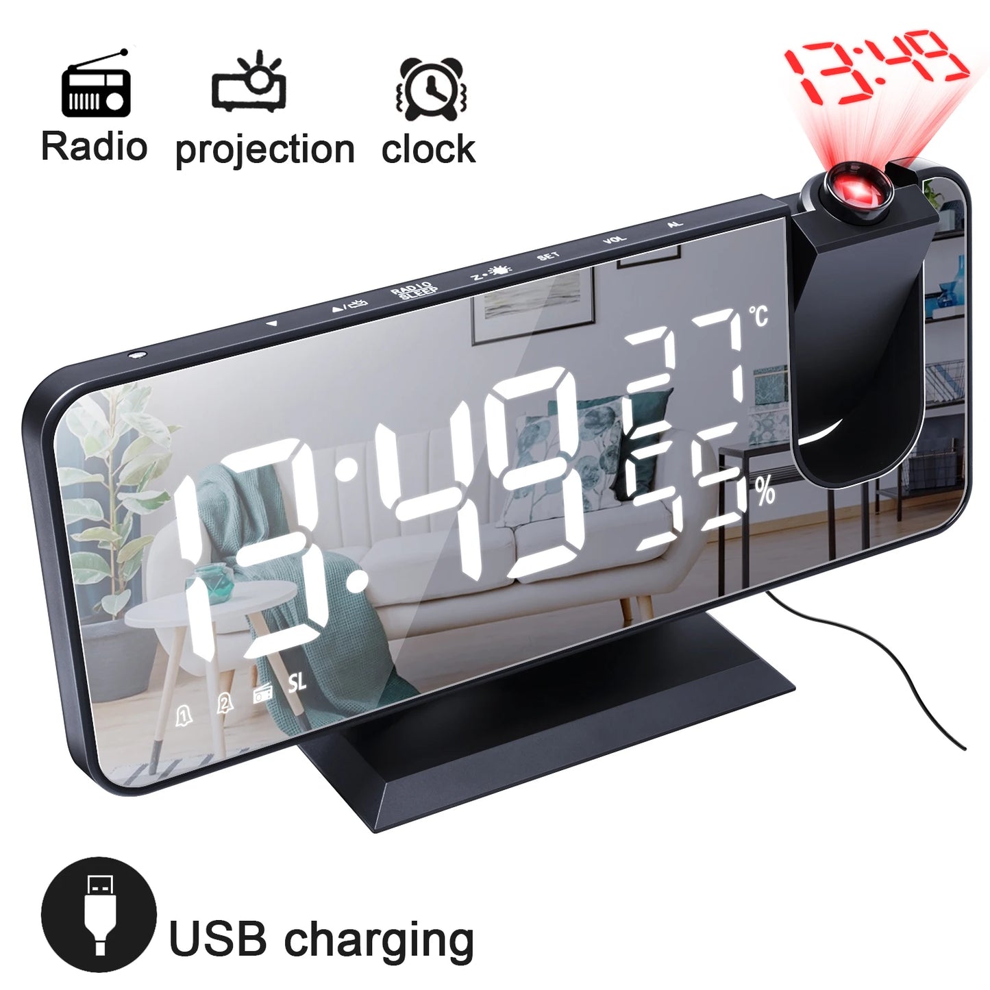 LED Screen Digital USB Wake Up FM Radio Time Projector Table Clock with Temperature Humidity Date Week Display Clock Home Decor