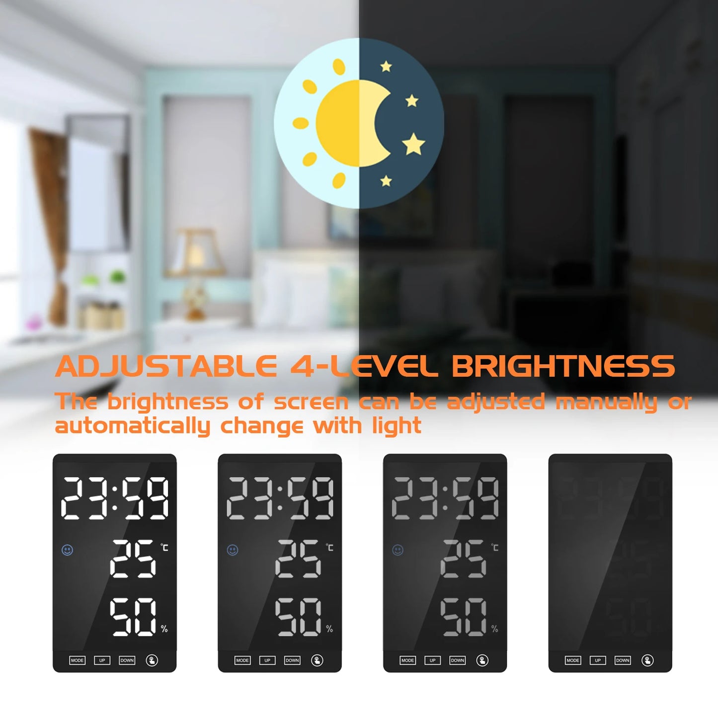 LED Screen Digital USB Wake Up FM Radio Time Projector Table Clock with Temperature Humidity Date Week Display Clock Home Decor