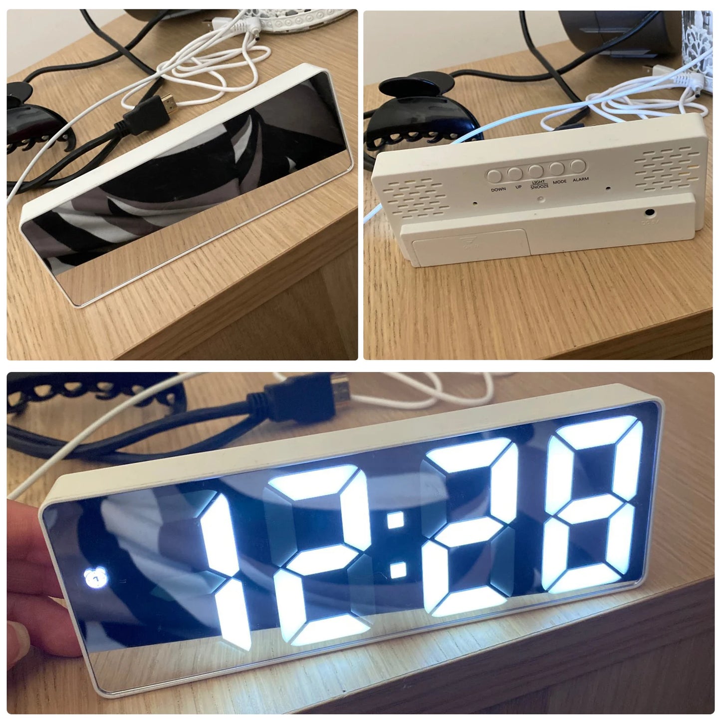LED Screen Digital USB Wake Up FM Radio Time Projector Table Clock with Temperature Humidity Date Week Display Clock Home Decor