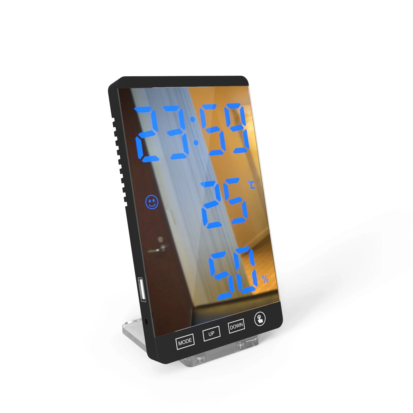 LED Screen Digital USB Wake Up FM Radio Time Projector Table Clock with Temperature Humidity Date Week Display Clock Home Decor