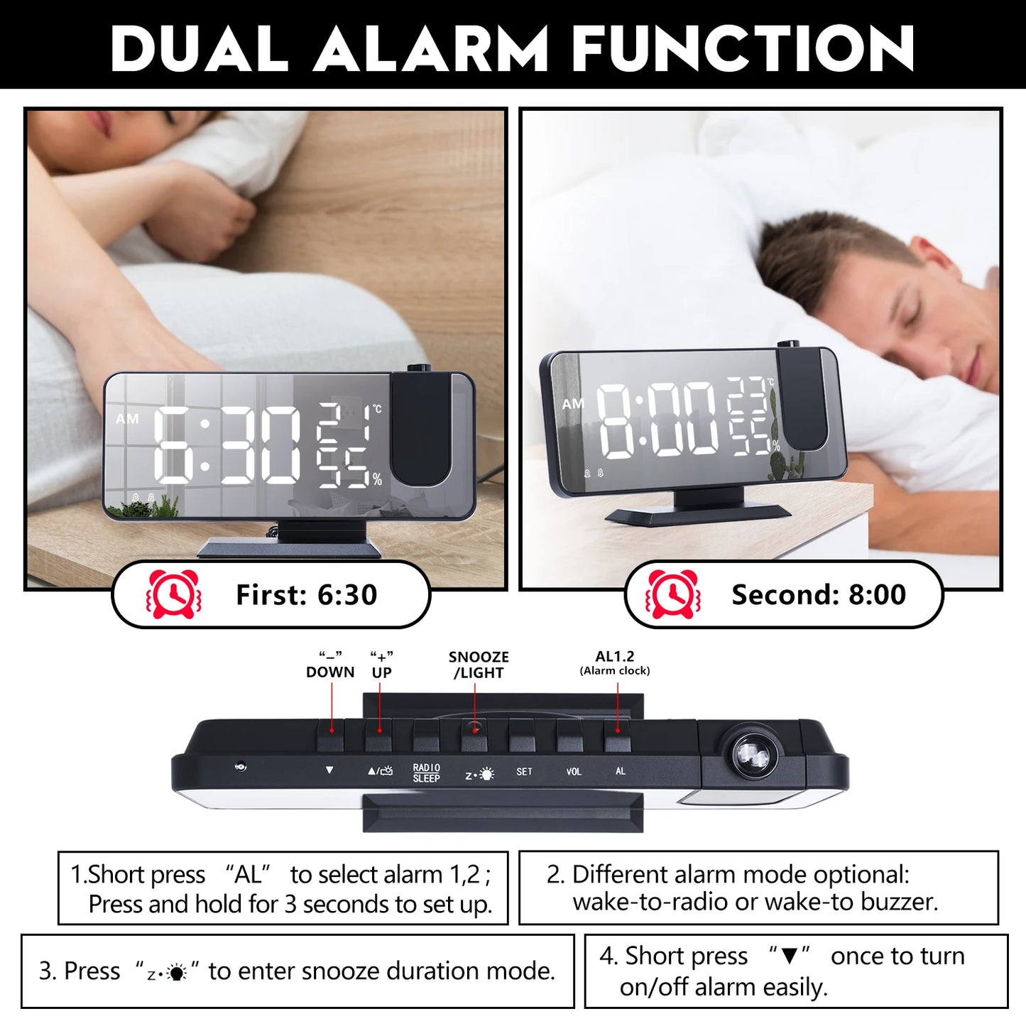 LED Screen Digital USB Wake Up FM Radio Time Projector Table Clock with Temperature Humidity Date Week Display Clock Home Decor