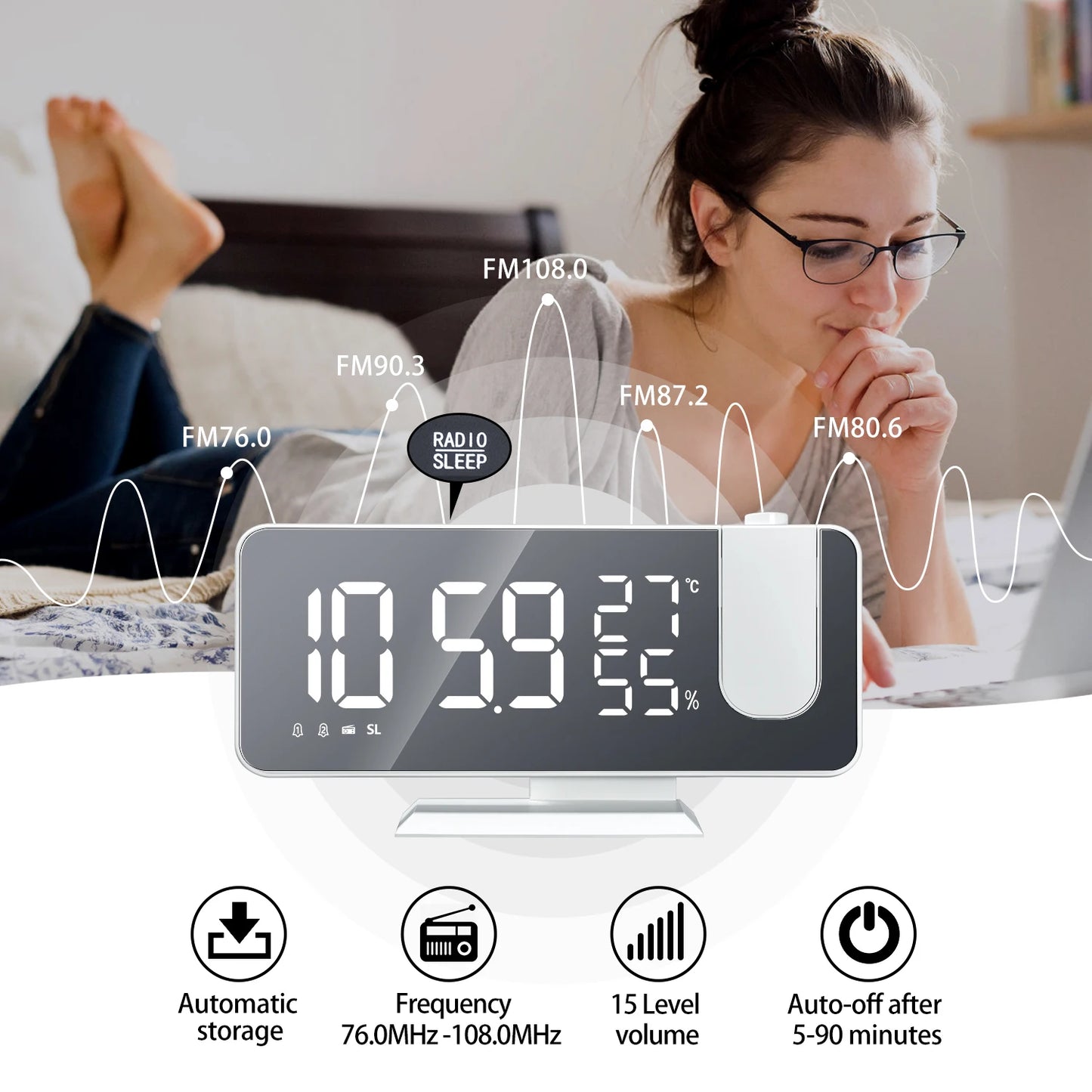 LED Screen Digital USB Wake Up FM Radio Time Projector Table Clock with Temperature Humidity Date Week Display Clock Home Decor