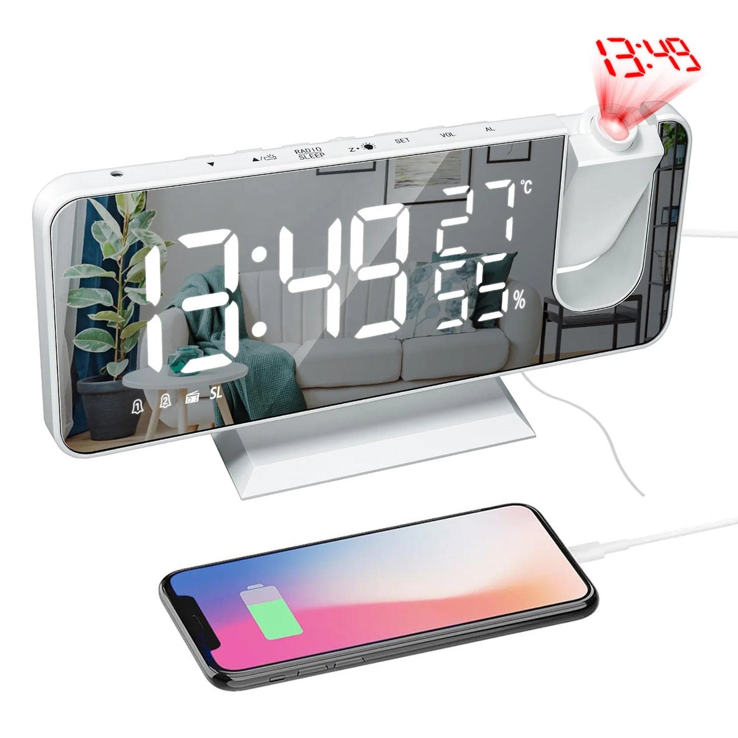 LED Screen Digital USB Wake Up FM Radio Time Projector Table Clock with Temperature Humidity Date Week Display Clock Home Decor