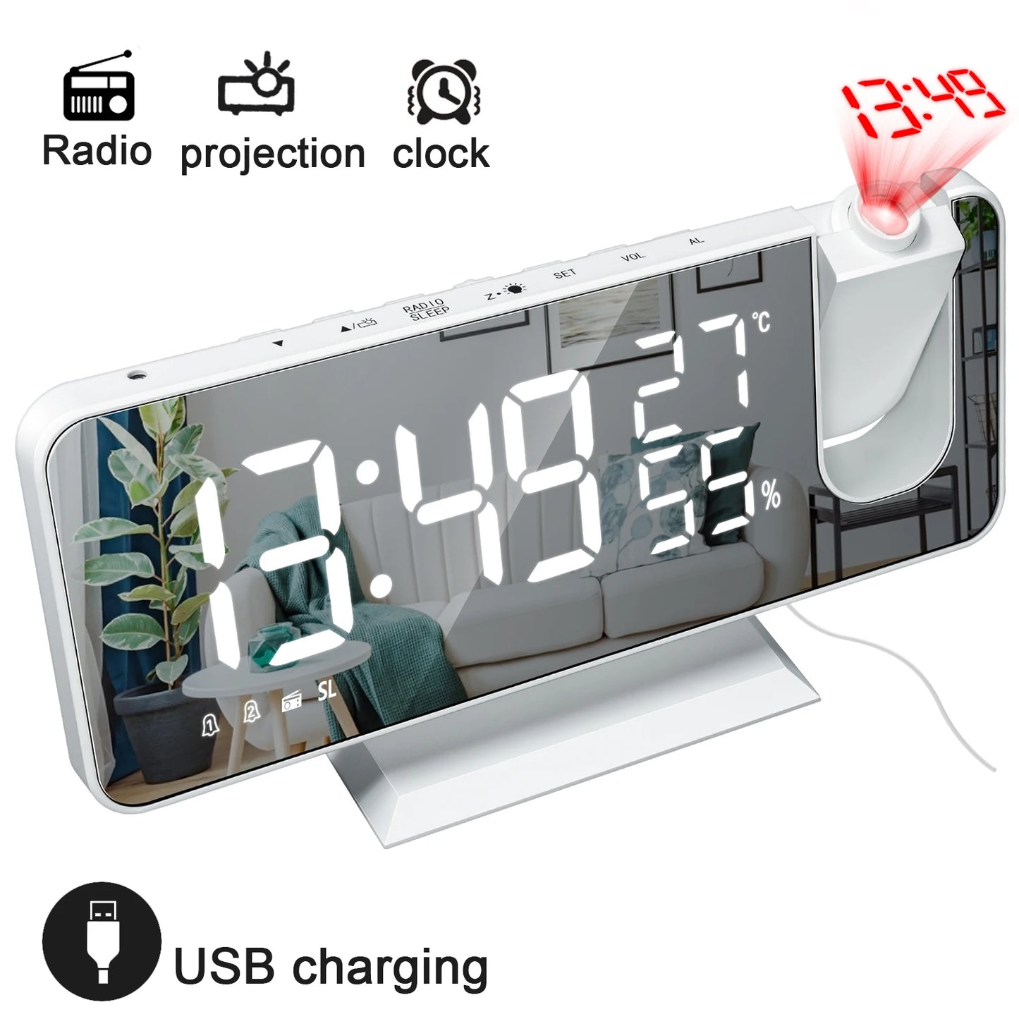 LED Screen Digital USB Wake Up FM Radio Time Projector Table Clock with Temperature Humidity Date Week Display Clock Home Decor
