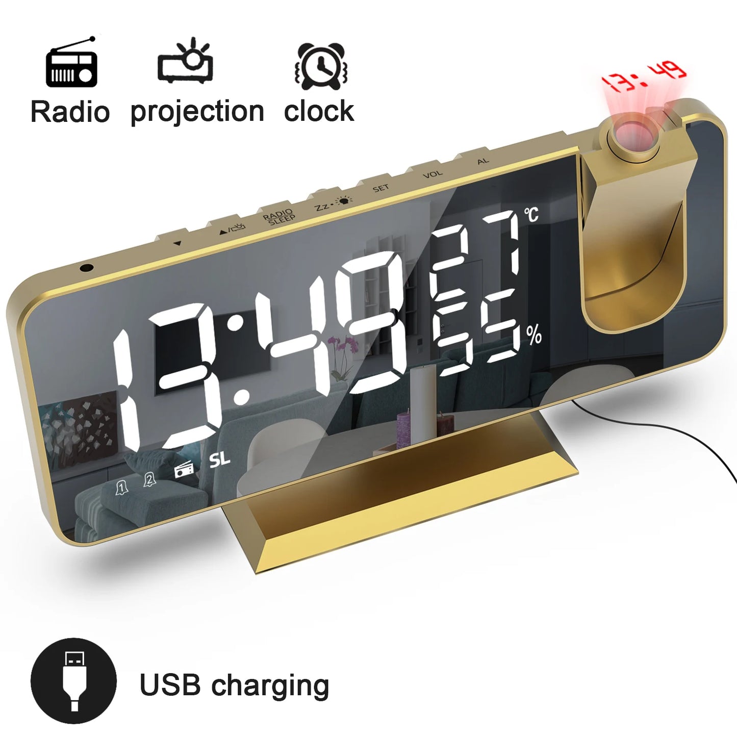 LED Screen Digital USB Wake Up FM Radio Time Projector Table Clock with Temperature Humidity Date Week Display Clock Home Decor