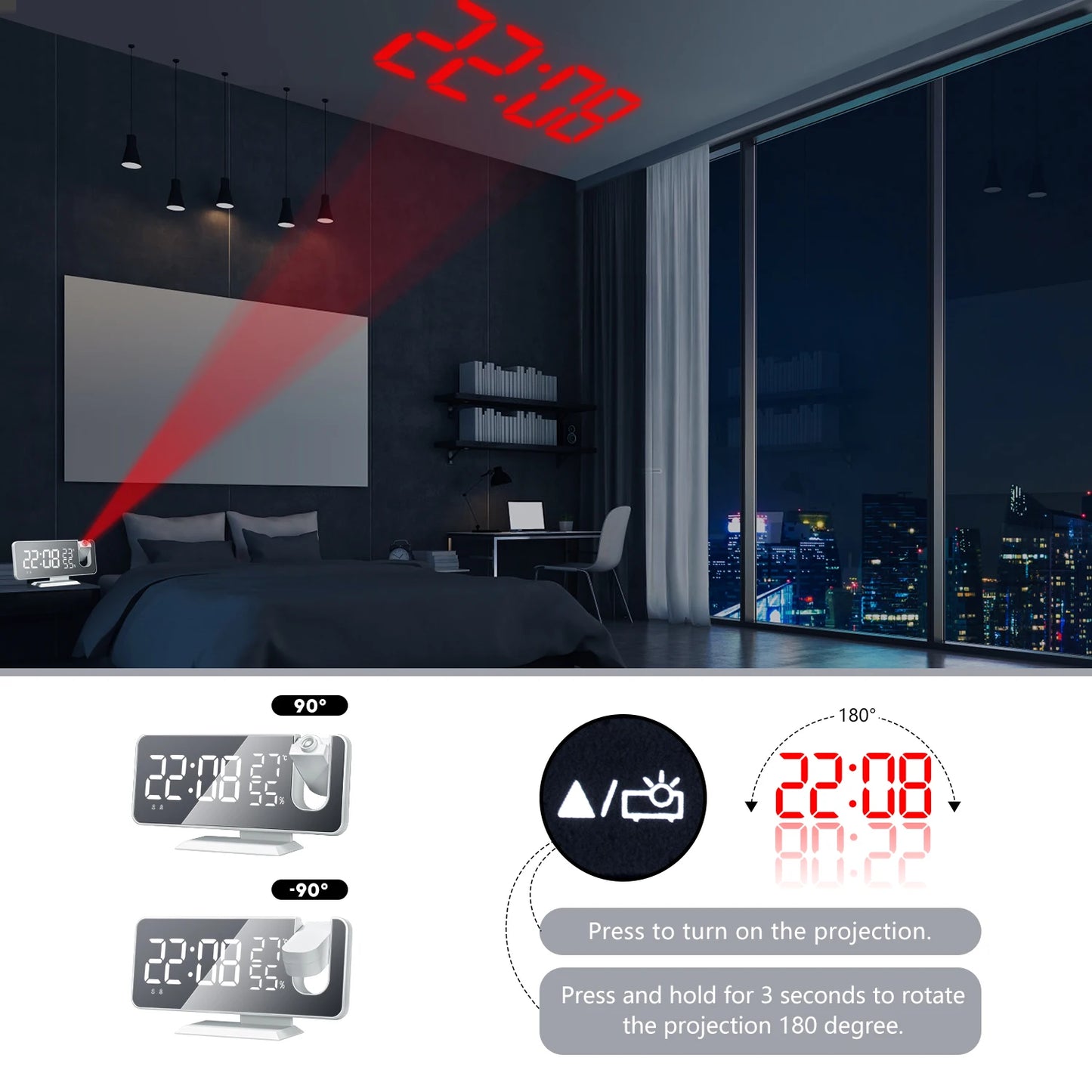 LED Screen Digital USB Wake Up FM Radio Time Projector Table Clock with Temperature Humidity Date Week Display Clock Home Decor
