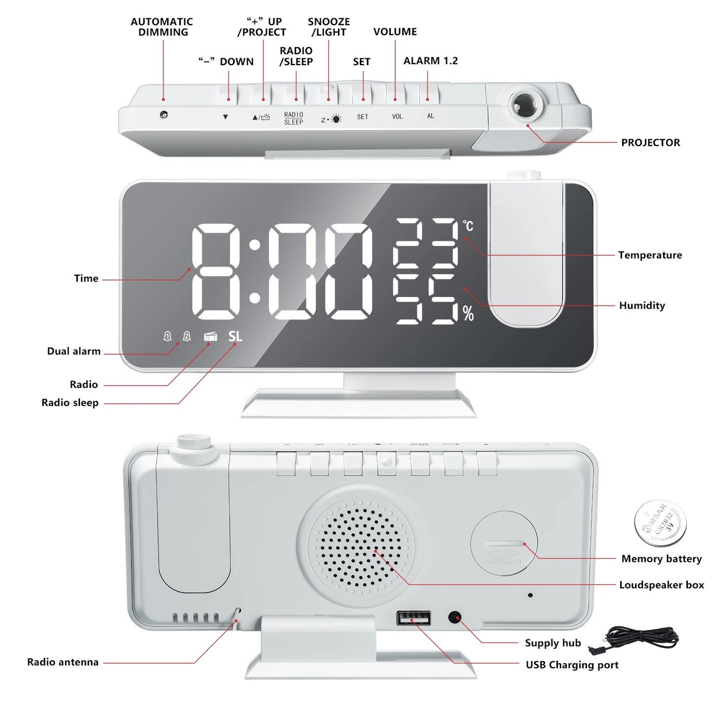 LED Screen Digital USB Wake Up FM Radio Time Projector Table Clock with Temperature Humidity Date Week Display Clock Home Decor
