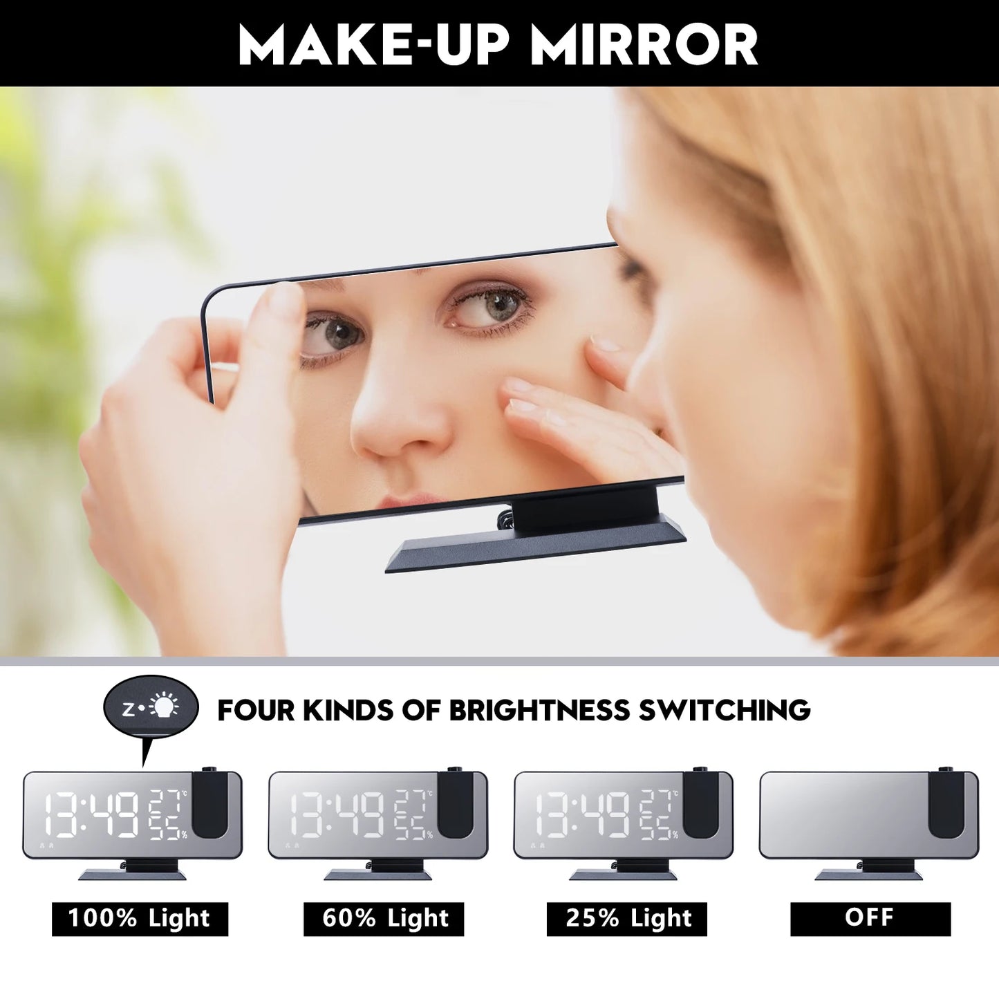 LED Screen Digital USB Wake Up FM Radio Time Projector Table Clock with Temperature Humidity Date Week Display Clock Home Decor