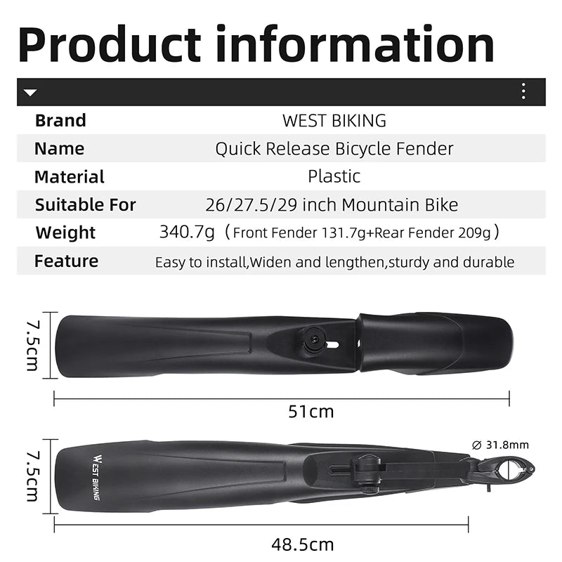 WEST BIKING Quick Release Bicycle Fender Adjustable Widen MTB Bike Mudguard For 26/27.5/29 In Mountain Bike Cycling Accessories