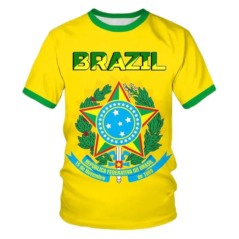 Street Fitness T-Shirt Brazil Flag Men's 3D Summer Fashion Casual Creative Trend Printing High Quality Round Neck Short Sleeves