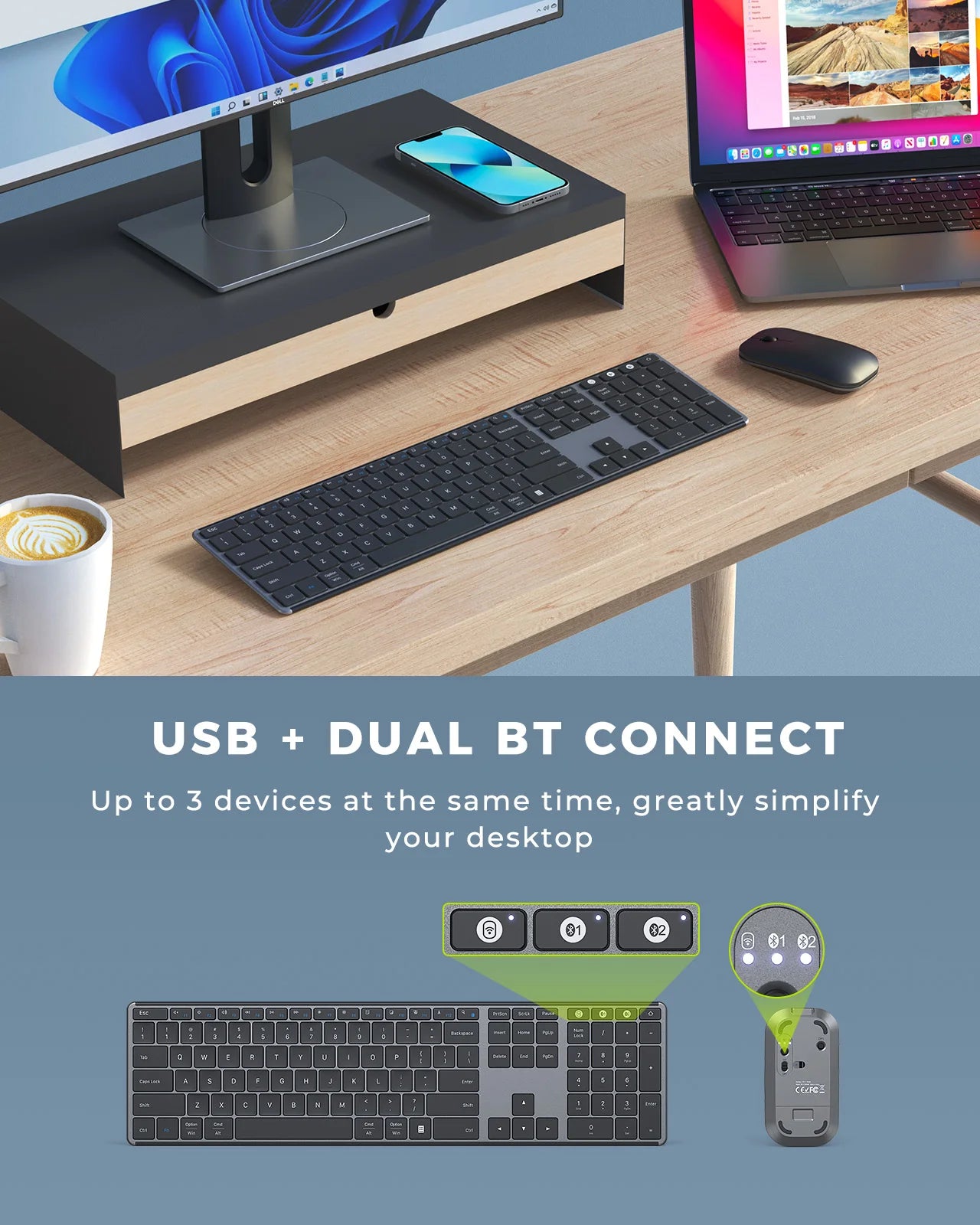 Seenda Wireless Bluetooth Keyboard and Mouse Combo Multi-Device Rechargeable Slim Keyboards and Mice for Win MacBook Pro Air