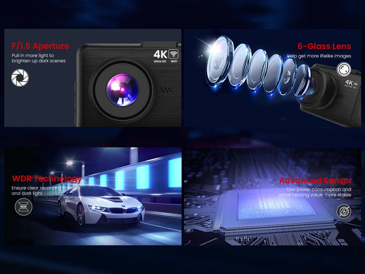 KQQ 4K Dash Camera for Car Ront and Rear Dual Lens Auto Car Dvr Built-in Wifi Support WDR Night Vision 24H Parking Monitor