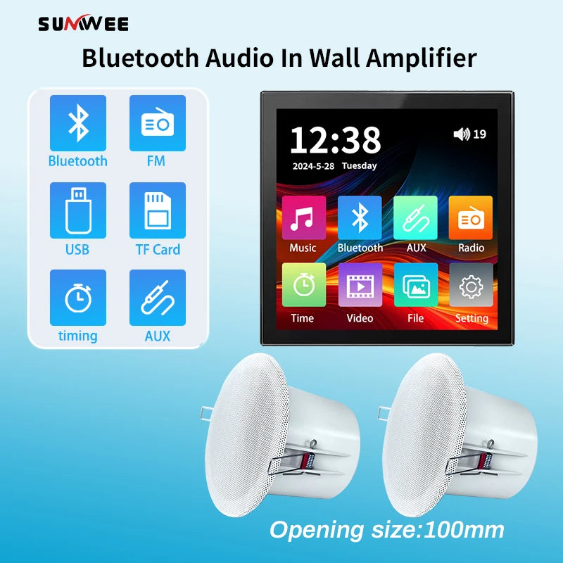 Min Wall Amplifier Bluetooth Smart Home Audio Touch Screen 4*20W Stereo Sound Music Panel background music Ceiling Speaker FM
