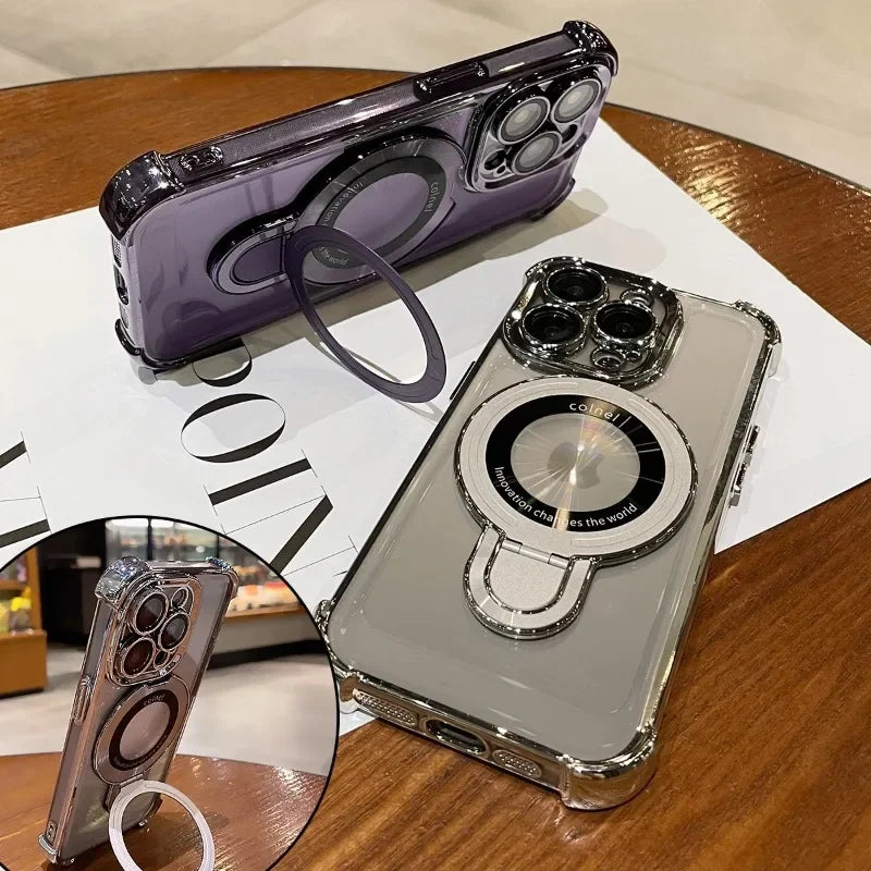 Luxury Plating Shockproof Magnetic Bracket Case For iPhone 15 16 11 12 13 14 Pro Max Plus XR For Magsafe With Holder Stand Cover