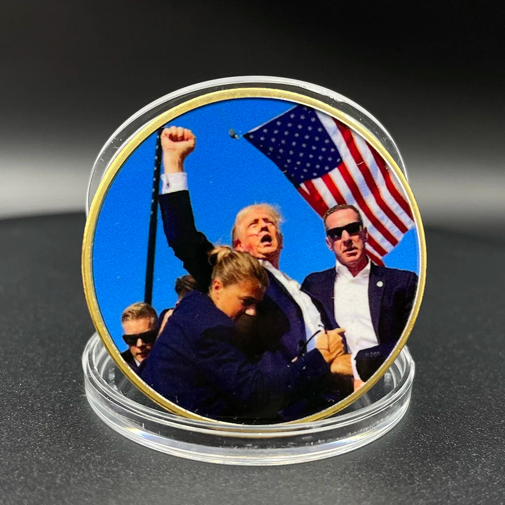 Attack on Trump Challenge Coin 2024 US President 47th Gold Coin Collectibles USA Fight Commemorative Medal in Capsule