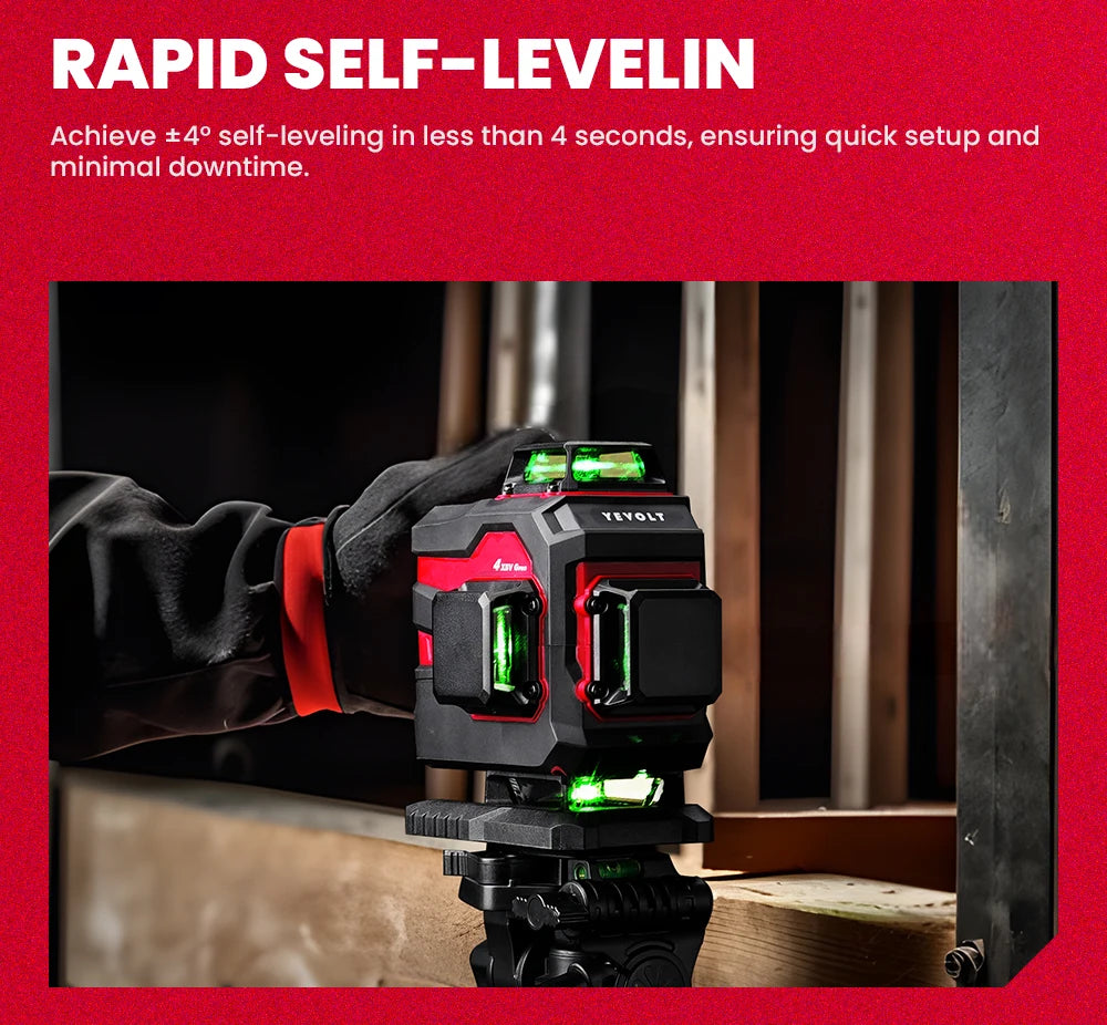 YEVOLT YVGLL4XS16B2 4-Plane Green Beam Laser Level Kit 4D 16 Lines Self-Leveling Remote Control Magnetic Bracket Measuring Tools