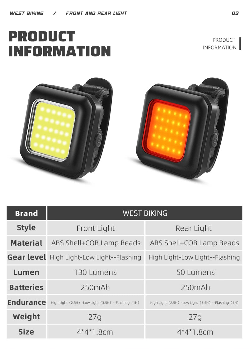 WEST BIKING Bike Light Cycling Bicycle Front Rear Light Type-C Charge Headlight Light Warning Taillight LED Lantern Bike Parts