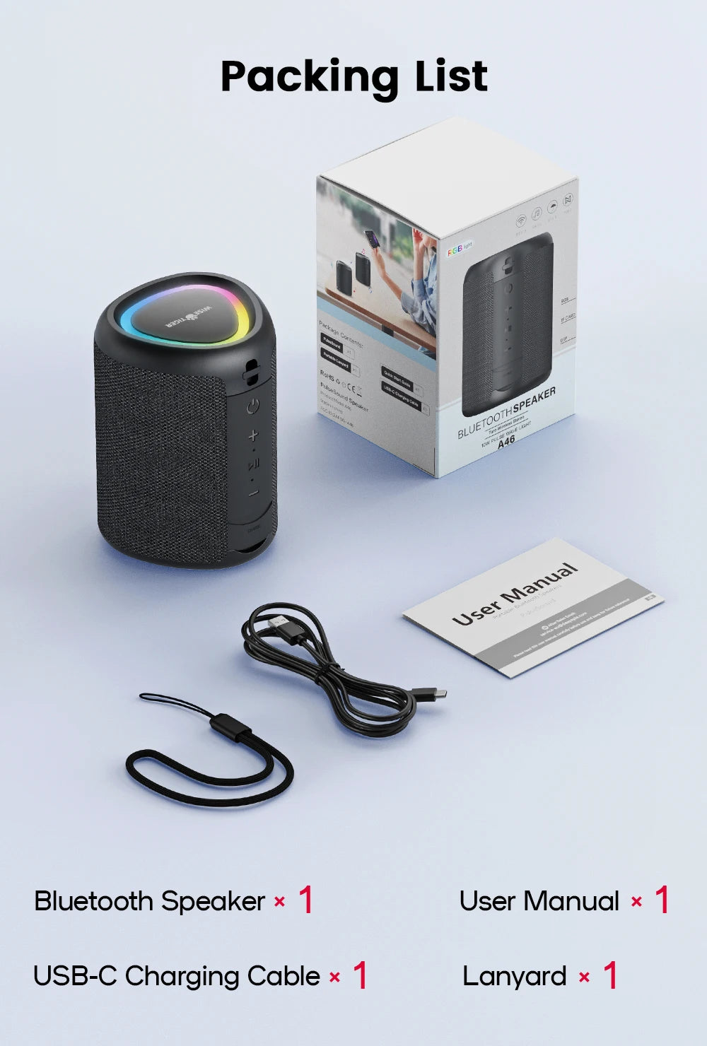WISETIGER A46 Mini Portable Bluetooth Speaker Amazing Bass Sound Box BT5.3 Wireless Speaker with LED Light, TF Card Slot &AUX-IN