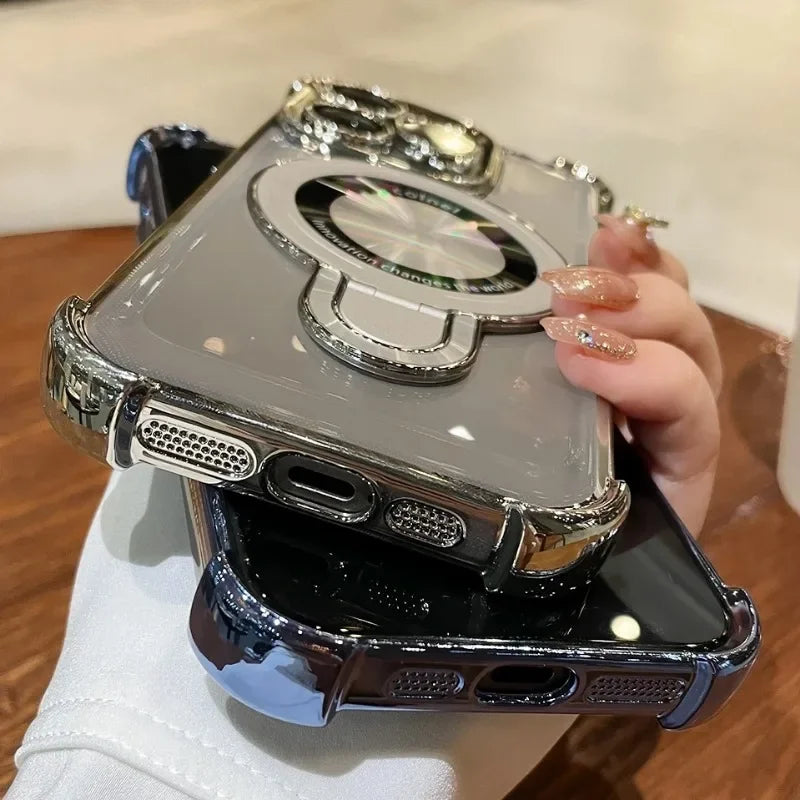 Luxury Plating Shockproof Magnetic Bracket Case For iPhone 15 16 11 12 13 14 Pro Max Plus XR For Magsafe With Holder Stand Cover