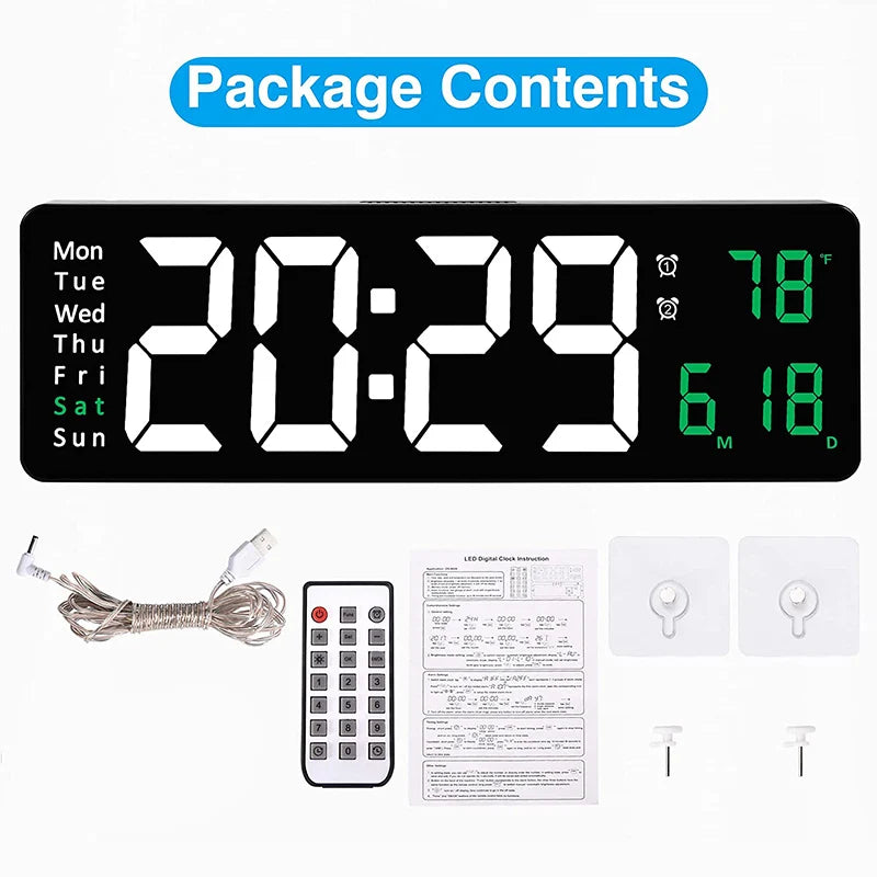 Wall-mounted Digital Wall Clock With Remote Control Large Wall Clocks Temp Date Week Display Power Off Dual Alarms Table Clock