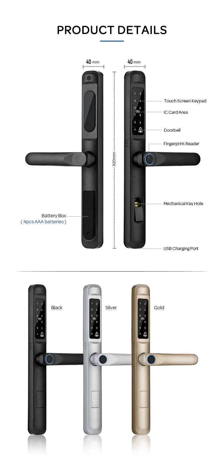 85/92mm Waterproof High-End Outdoor Fingerprint TUYA WIFI APP RFID Card Code Keyless Smart Electronic Door Lock Aluminum Home