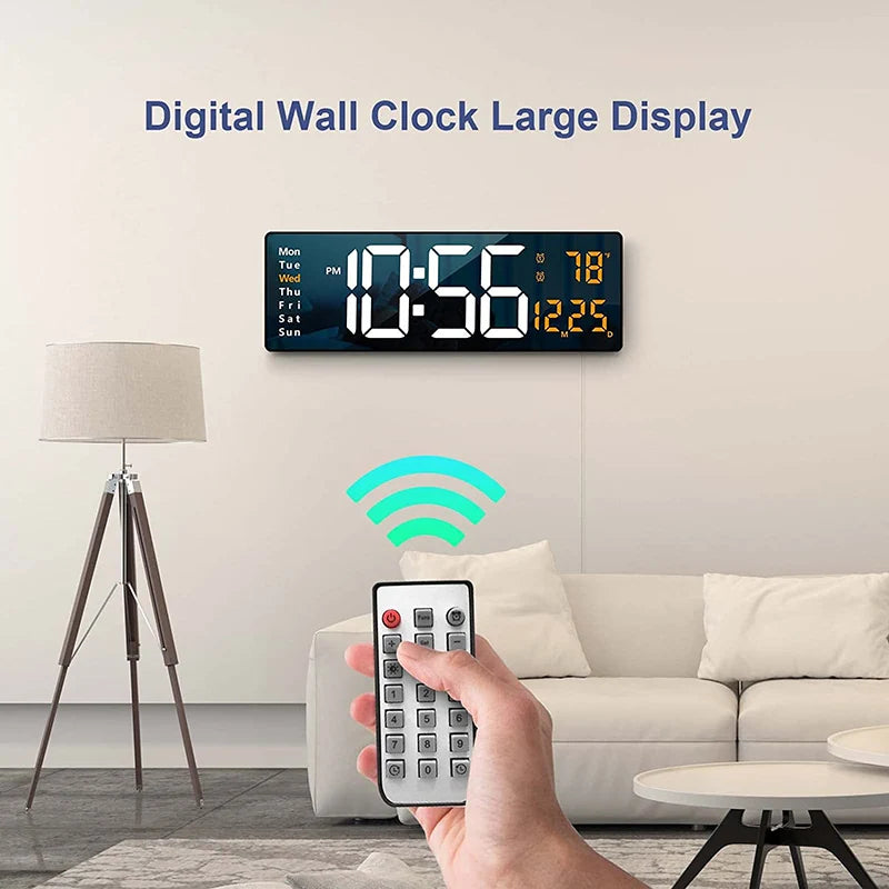 Wall-mounted Digital Wall Clock With Remote Control Large Wall Clocks Temp Date Week Display Power Off Dual Alarms Table Clock