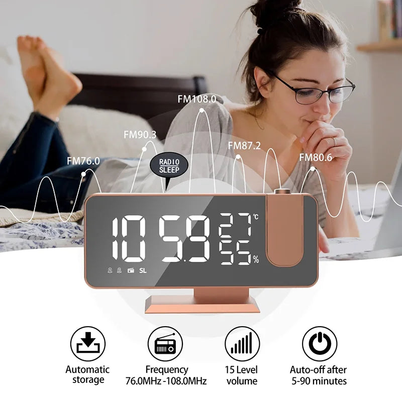 LED Screen Digital USB Wake Up FM Radio Time Projector Table Clock with Temperature Humidity Date Week Display Clock Home Decor