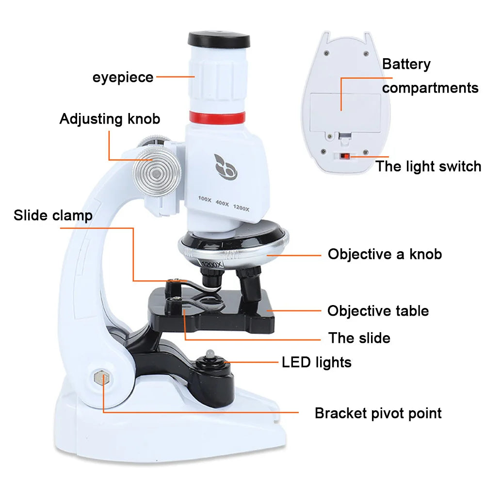 1200X Biological Microscope Kit Lab with LED Microscopio Home School Science Educational Toy Gift Refined Children's Microscope