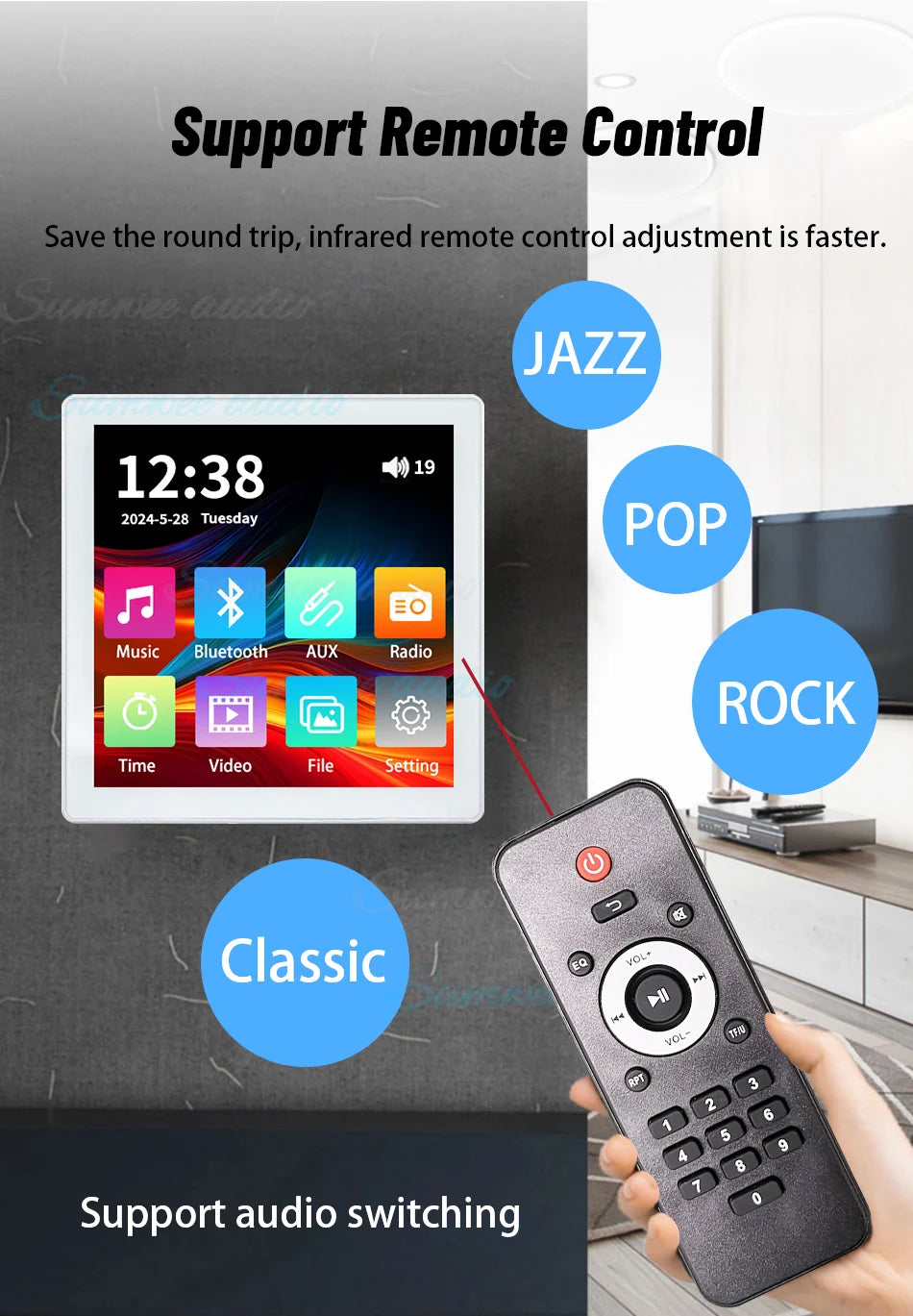 Min Wall Amplifier Bluetooth Smart Home Audio Touch Screen 4*20W Stereo Sound Music Panel background music Ceiling Speaker FM