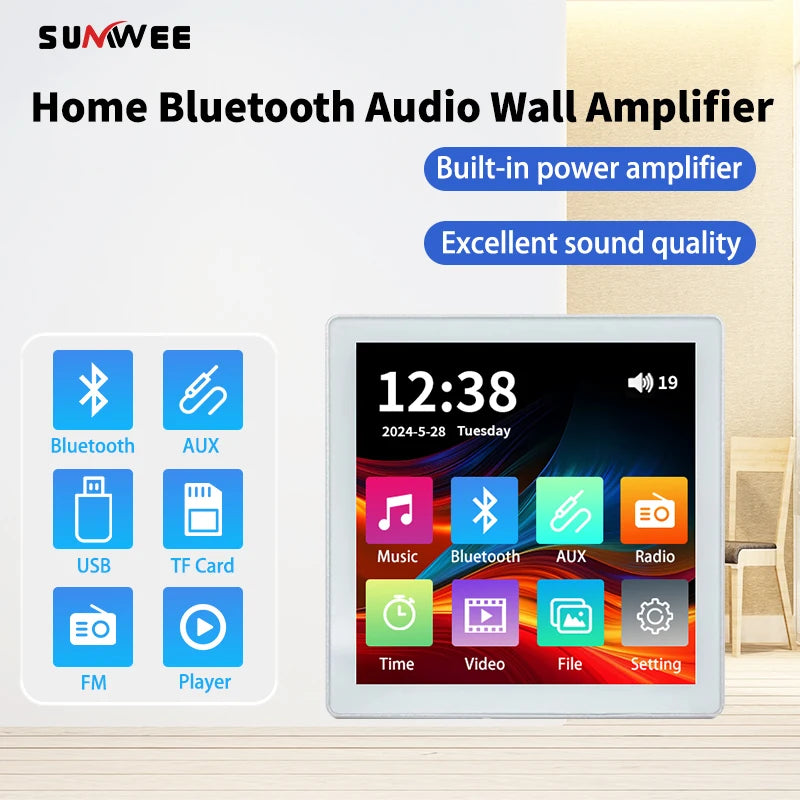 Min Wall Amplifier Bluetooth Smart Home Audio Touch Screen 4*20W Stereo Sound Music Panel background music Ceiling Speaker FM