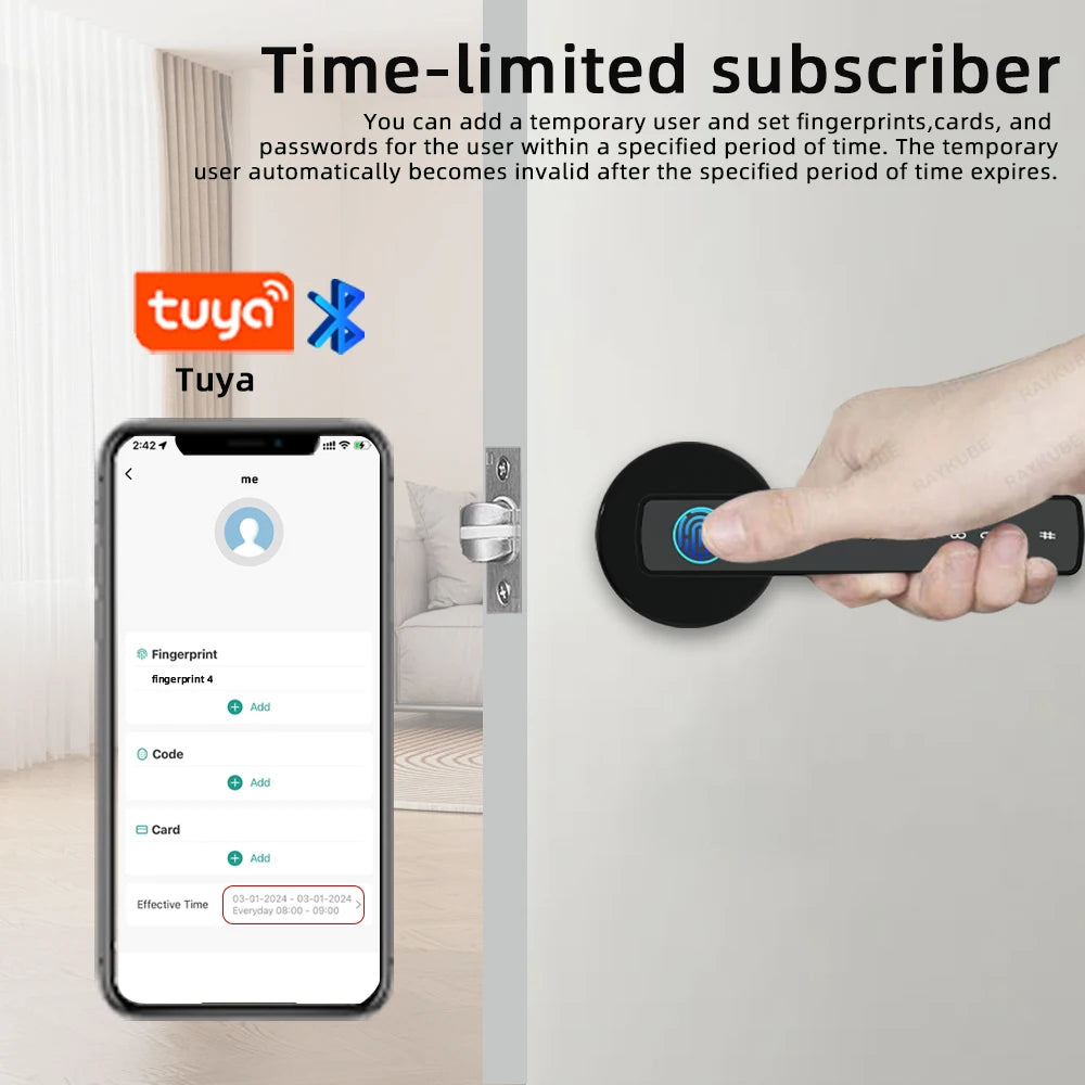 RAYKUBE Tuya BLE Fingerprint Door Lock Digital Electronic Lock with Password/Key/IC Card/ Smartlife/ Tuya APP Unlock