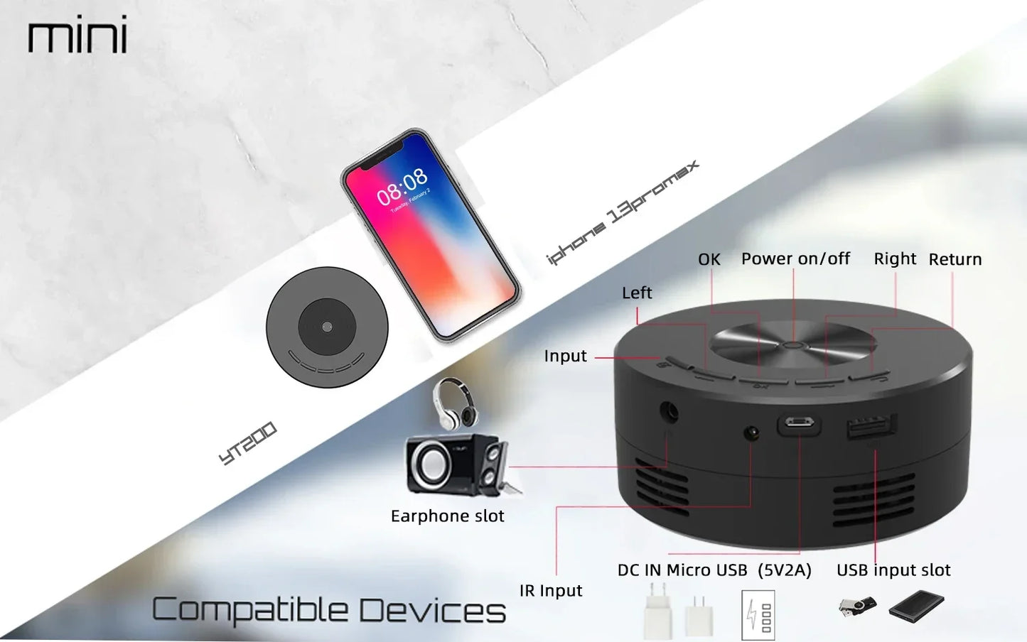 YT200 Smart Projector LED HD TV Video Projector For 4K 1500 Lumens Android Same Screen Home Cinema Outdoor Portable Mini Project