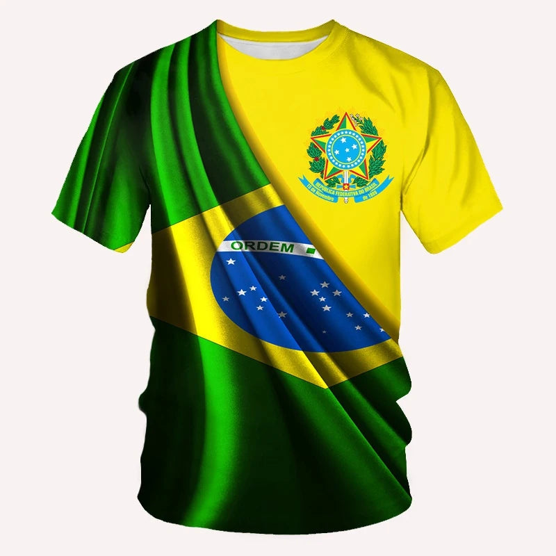 Street Fitness T-Shirt Brazil Flag Men's 3D Summer Fashion Casual Creative Trend Printing High Quality Round Neck Short Sleeves