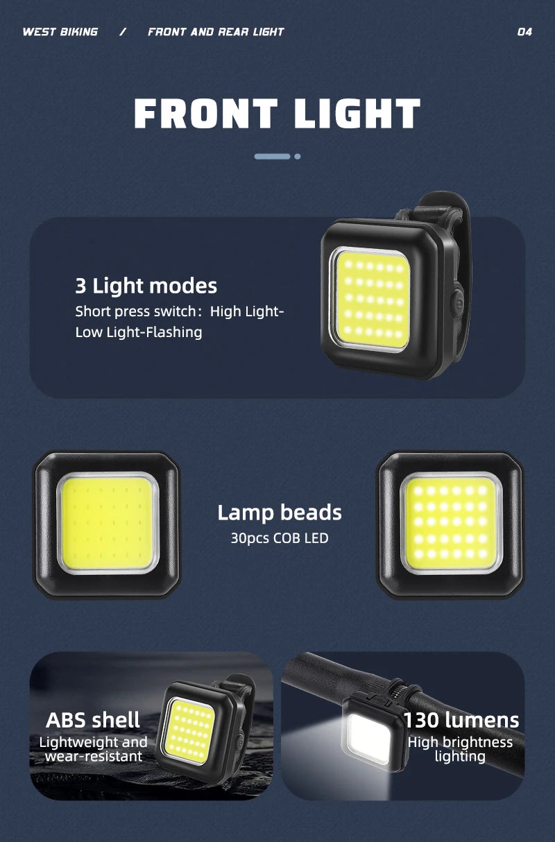 WEST BIKING Bike Light Cycling Bicycle Front Rear Light Type-C Charge Headlight Light Warning Taillight LED Lantern Bike Parts