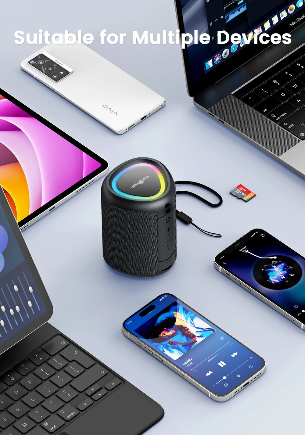 WISETIGER A46 Mini Portable Bluetooth Speaker Amazing Bass Sound Box BT5.3 Wireless Speaker with LED Light, TF Card Slot &AUX-IN