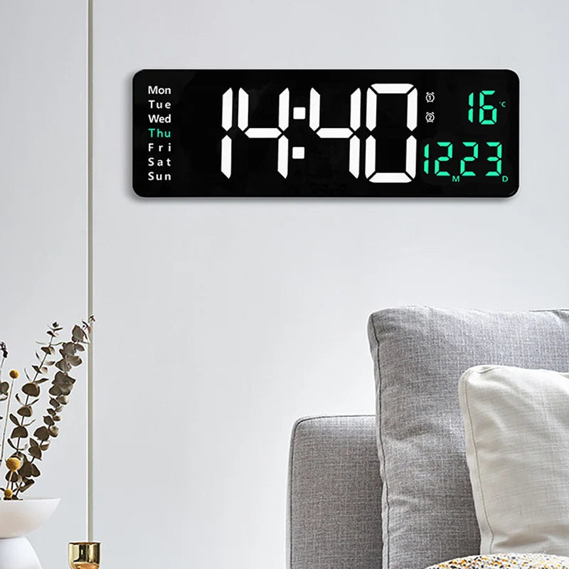Wall-mounted Digital Wall Clock With Remote Control Large Wall Clocks Temp Date Week Display Power Off Dual Alarms Table Clock