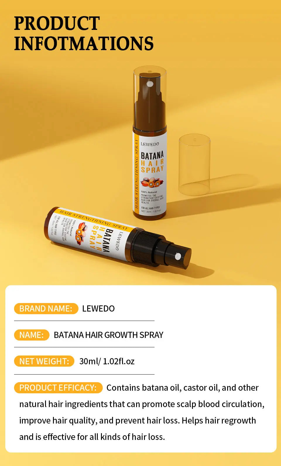 Batana Oil Africa Women Traction Alopecia Treatment Batana Hair Spray 100% Natural Hair Regrowth Hair Loss Crazy Fast Growth Oil