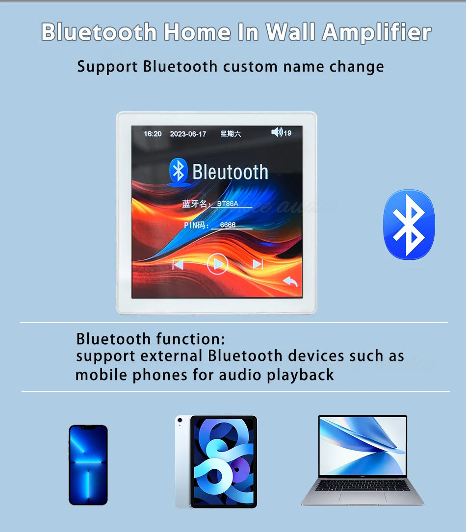 Min Wall Amplifier Bluetooth Smart Home Audio Touch Screen 4*20W Stereo Sound Music Panel background music Ceiling Speaker FM