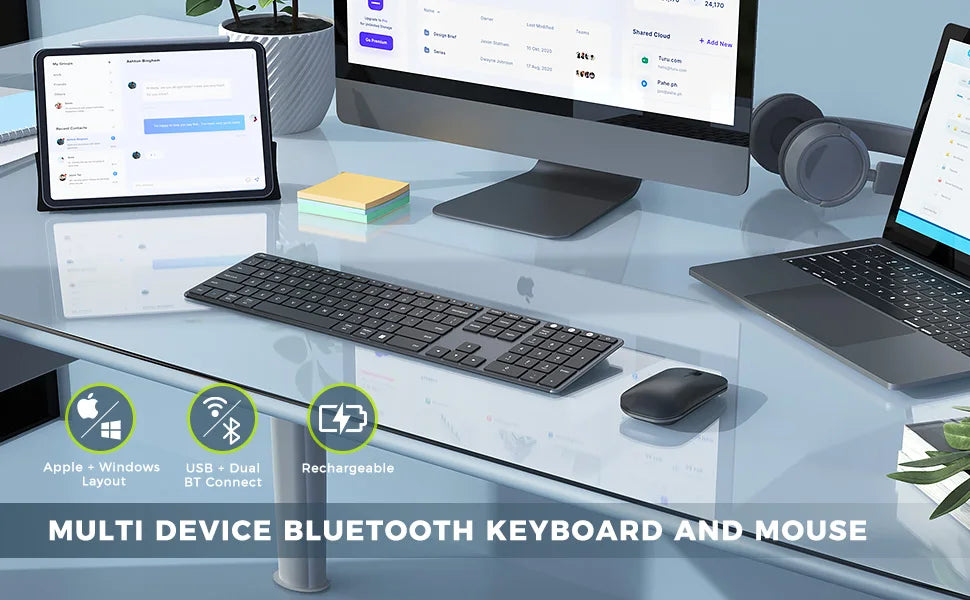 Seenda Wireless Bluetooth Keyboard and Mouse Combo Multi-Device Rechargeable Slim Keyboards and Mice for Win MacBook Pro Air