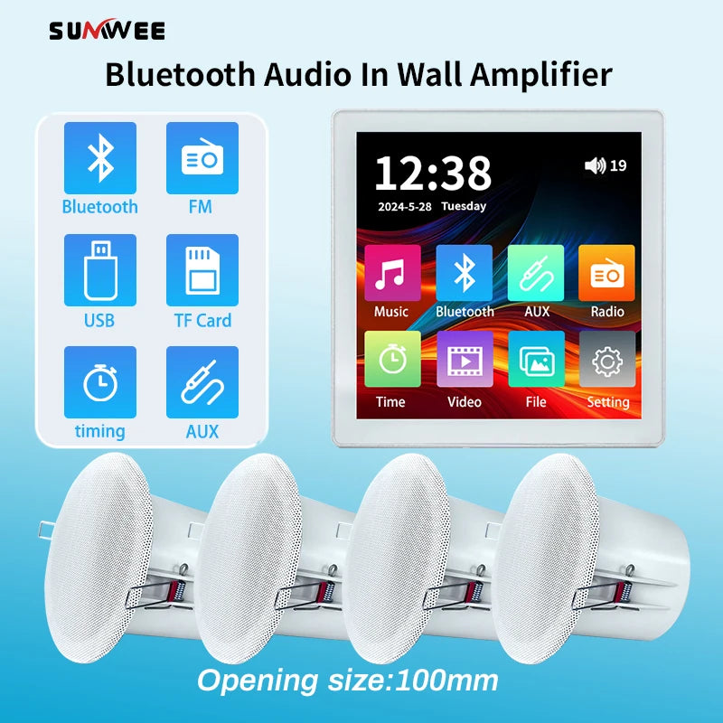 Min Wall Amplifier Bluetooth Smart Home Audio Touch Screen 4*20W Stereo Sound Music Panel background music Ceiling Speaker FM