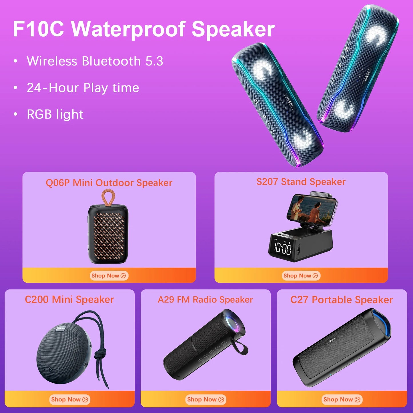 WISETIGER A46 Mini Portable Bluetooth Speaker Amazing Bass Sound Box BT5.3 Wireless Speaker with LED Light, TF Card Slot &AUX-IN