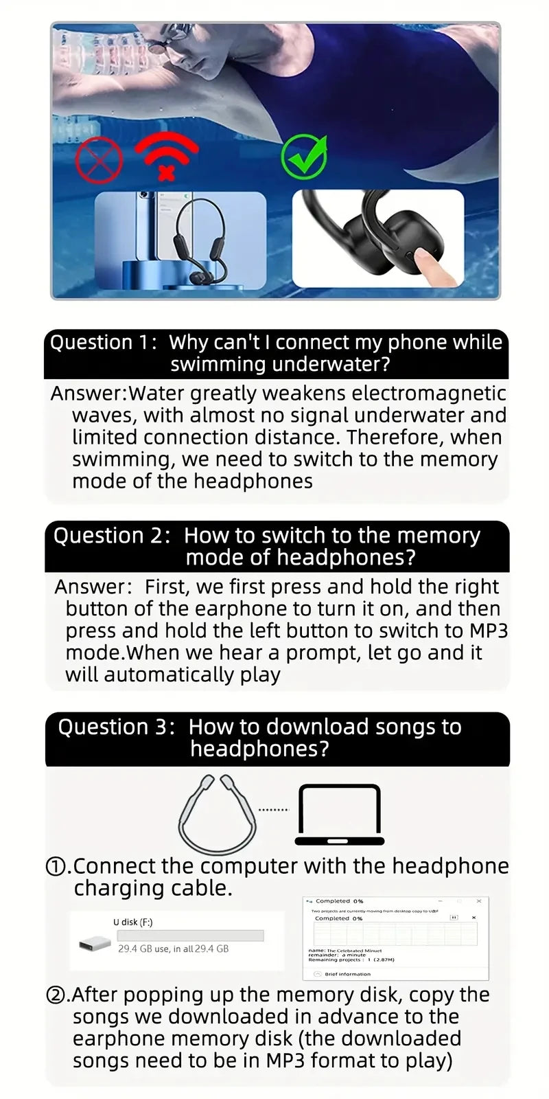 Xiaomi Bone Conduction Earphone IPX8 Wireless Open Headset Bluetooth 5.3 Swimming Bluetooth Headphones 32GB MP3 Sports Earbuds