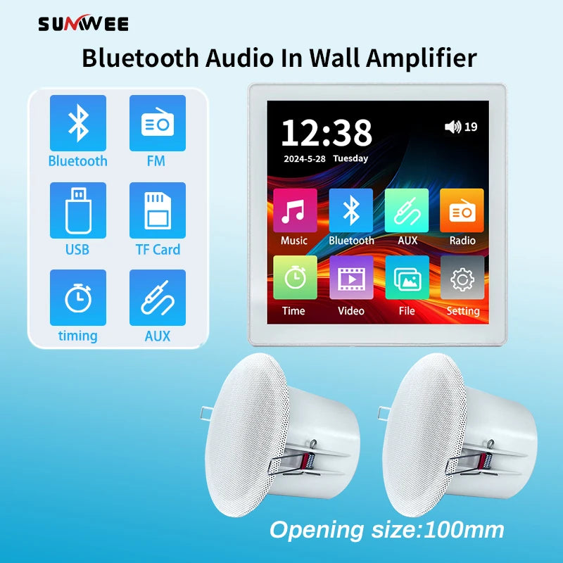 Min Wall Amplifier Bluetooth Smart Home Audio Touch Screen 4*20W Stereo Sound Music Panel background music Ceiling Speaker FM