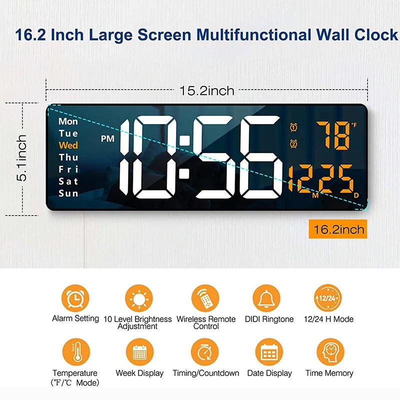 Wall-mounted Digital Wall Clock With Remote Control Large Wall Clocks Temp Date Week Display Power Off Dual Alarms Table Clock