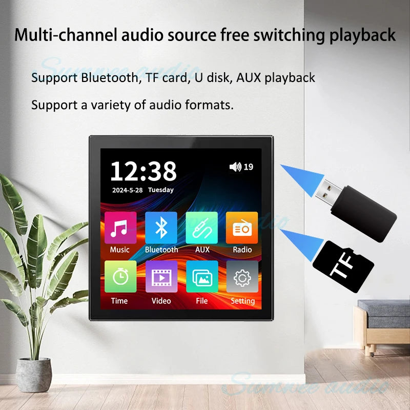 Min Wall Amplifier Bluetooth Smart Home Audio Touch Screen 4*20W Stereo Sound Music Panel background music Ceiling Speaker FM
