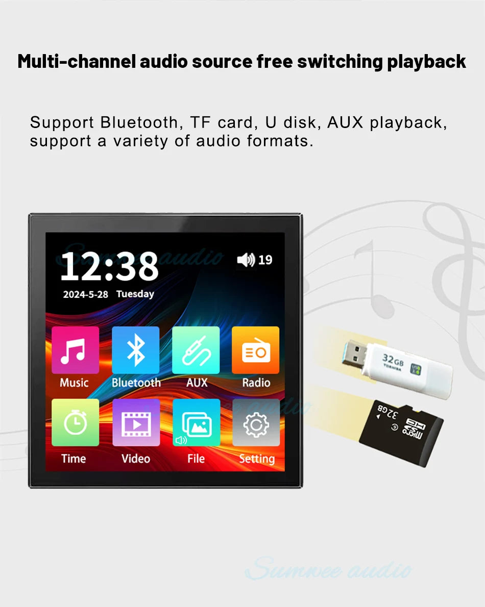 Min Wall Amplifier Bluetooth Smart Home Audio Touch Screen 4*20W Stereo Sound Music Panel background music Ceiling Speaker FM