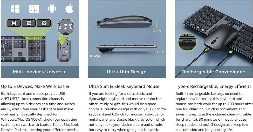 Seenda Wireless Bluetooth Keyboard and Mouse Combo Multi-Device Rechargeable Slim Keyboards and Mice for Win MacBook Pro Air
