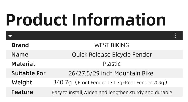WEST BIKING Quick Release Bicycle Fender Adjustable Widen MTB Bike Mudguard For 26/27.5/29 In Mountain Bike Cycling Accessories
